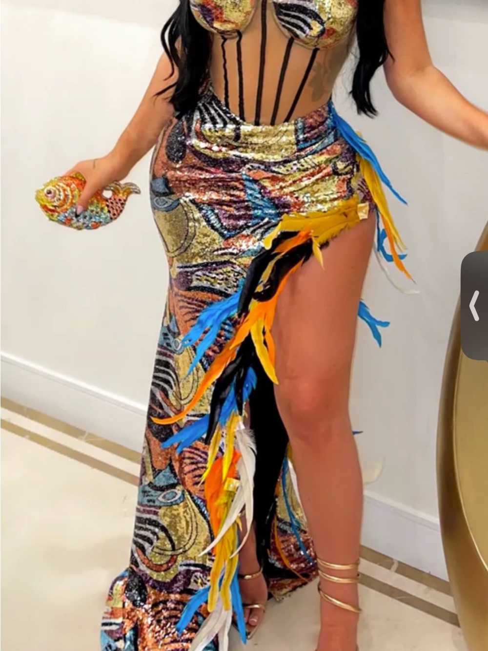 Multicolor Sequin High-Low Skirt with Feather Trim